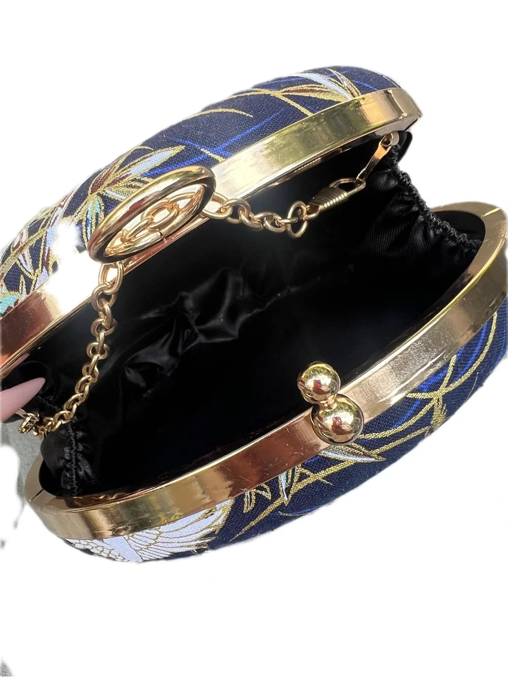 Navy Blue Crane Embroidered Round Clutch
